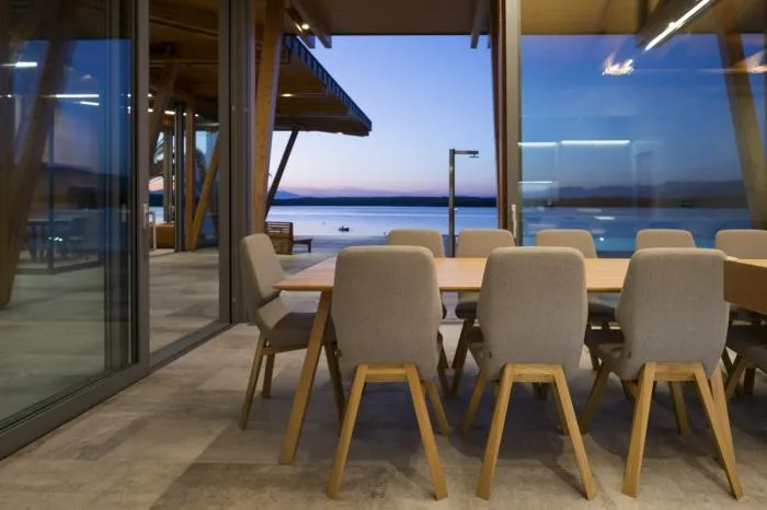 BIM Architecture | Mosaic Composition in Blue Background: Croatian Seaside Wooden House