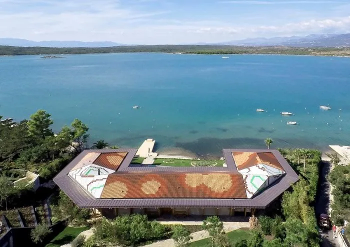 BIM Architecture | Mosaic Composition in Blue Background: Croatian Seaside Wooden House