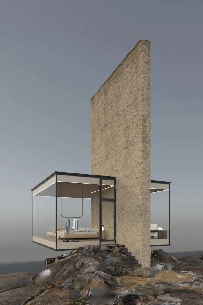 BIM Architecture | Minimalist Glass Hut Standing on a Cliff/Yakusha Design