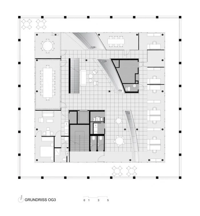 BIM Architecture | Outer Square and Inner Circle, Half Concealed Transparent Light and Shadow - C& P Company Headquarters