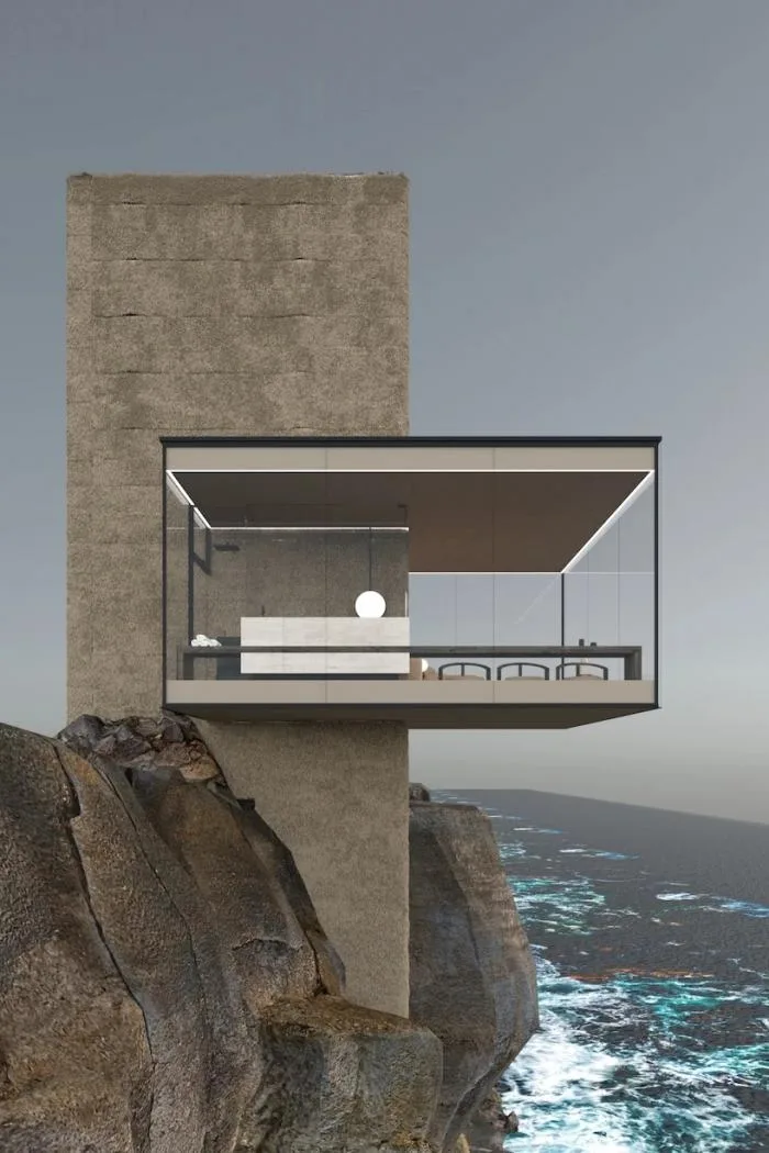 BIM Architecture | Minimalist Glass Hut Standing on a Cliff/Yakusha Design