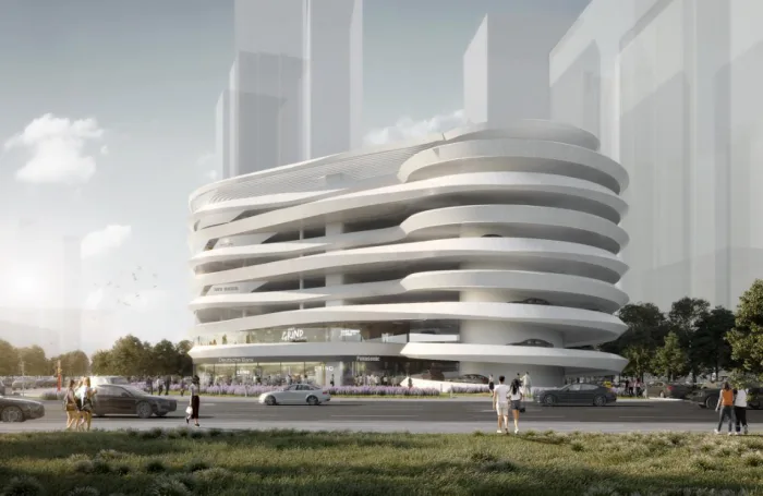 BIM Architecture | GWP New Work | 'Infinite Flow' - Demonstration Three Dimensional Parking Building in Dongguan CBD