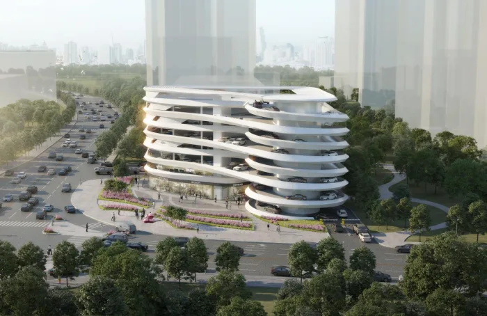 BIM Architecture | GWP New Work | 'Infinite Flow' - Demonstration Three Dimensional Parking Building in Dongguan CBD