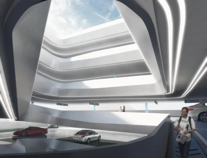 BIM Architecture | GWP New Work | 'Infinite Flow' - Demonstration Three Dimensional Parking Building in Dongguan CBD