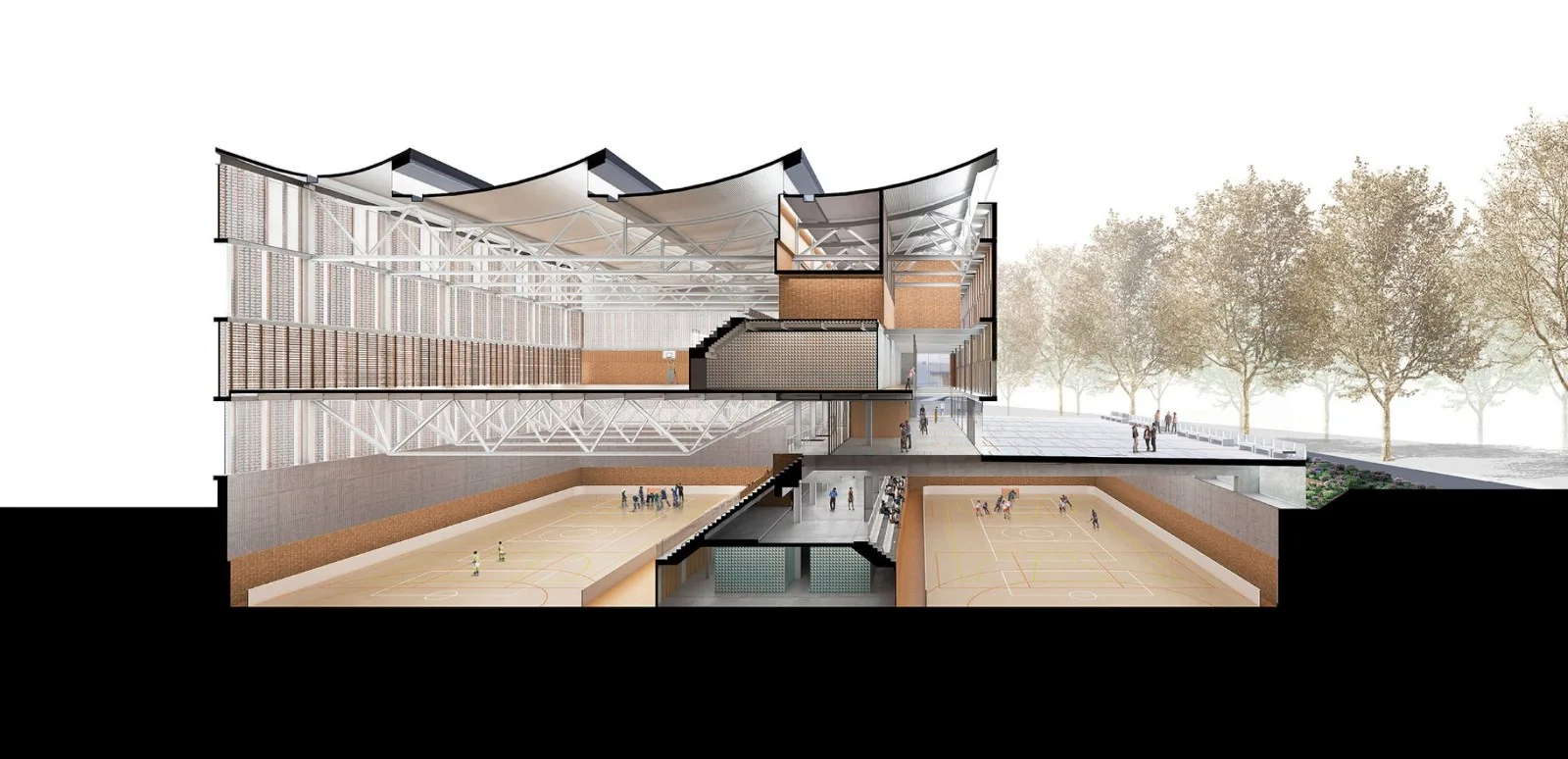 BIM Architecture | Semi underground Sports Stadium with Red Brick Walls | CAMP DEL FERRO Sports Center