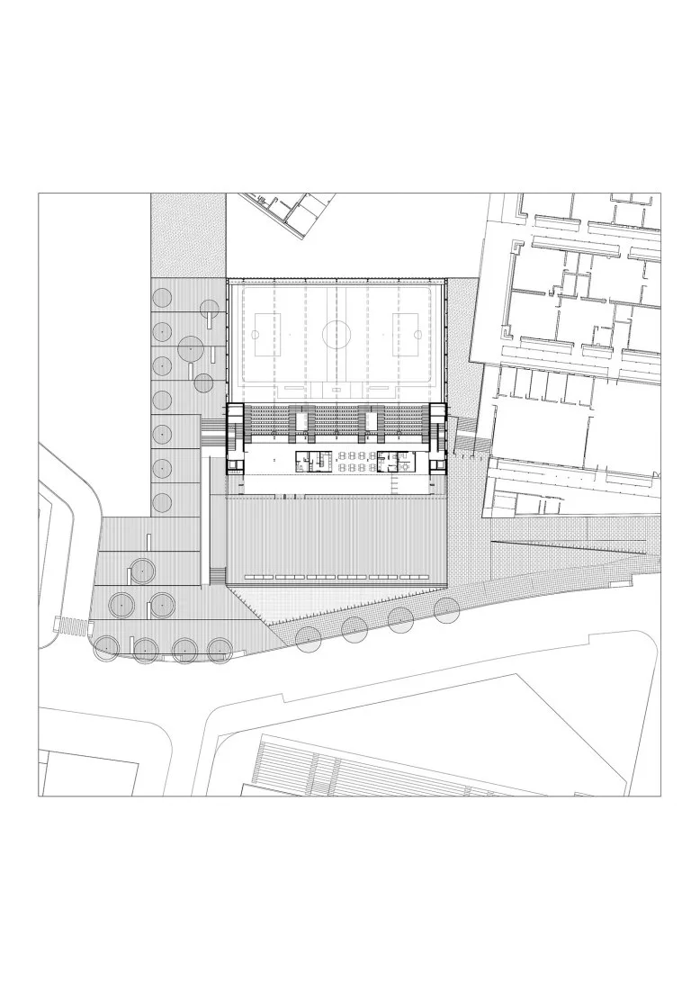 BIM Architecture | Semi underground Sports Stadium with Red Brick Walls | CAMP DEL FERRO Sports Center
