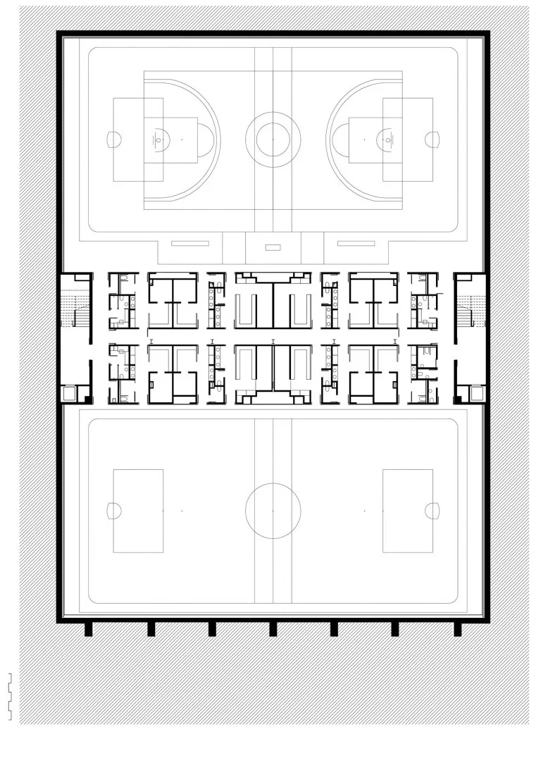 BIM Architecture | Semi underground Sports Stadium with Red Brick Walls | CAMP DEL FERRO Sports Center
