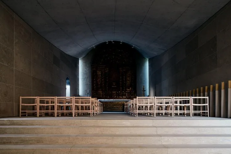 BIM Architecture | A concrete chapel nestled in the woods, serene, elegant, and full of natural atmosphere, by Nicholas Burns, Portugal