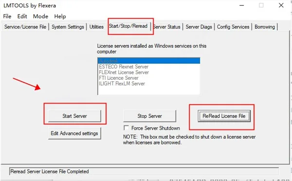 Start server and reread license file