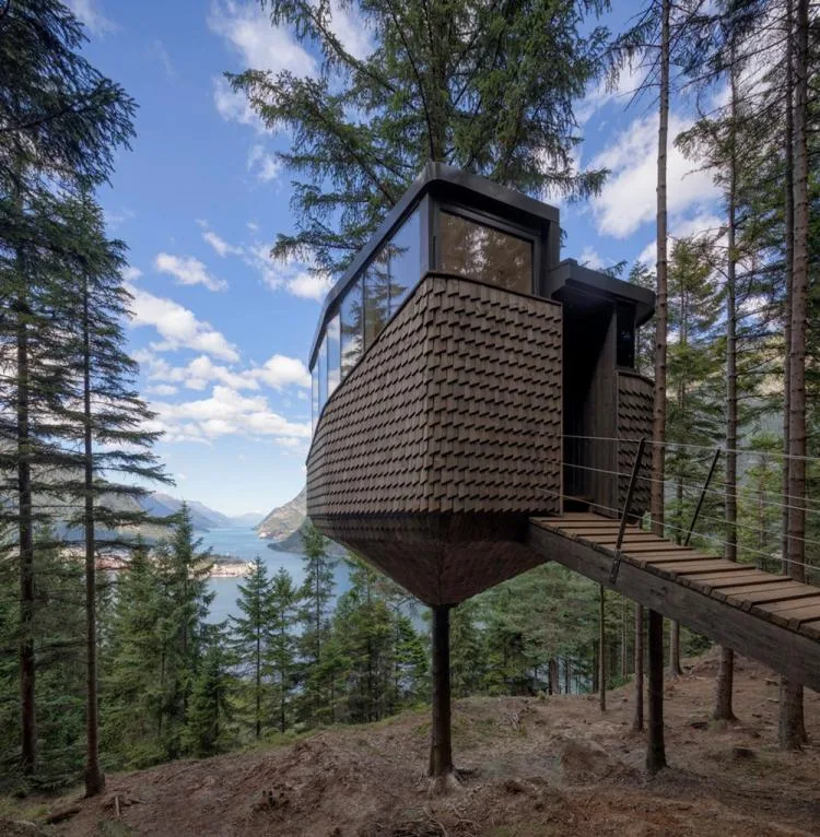 BIM Architecture | Norwegian 'Bird's Nest' style hut, supported by a tree trunk for a 15 ㎡ space/Helen& Hard