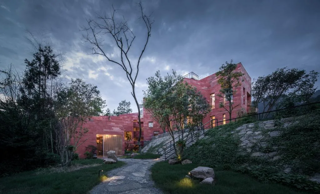 BIM Architecture | Red Stone Houses in High Mountains, Flowing Waters, and Pine Forests/Plain Architecture Design Firm