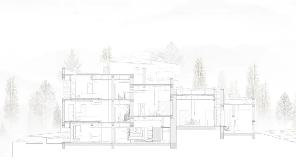 BIM Architecture | Red Stone Houses in High Mountains, Flowing Waters, and Pine Forests/Plain Architecture Design Firm