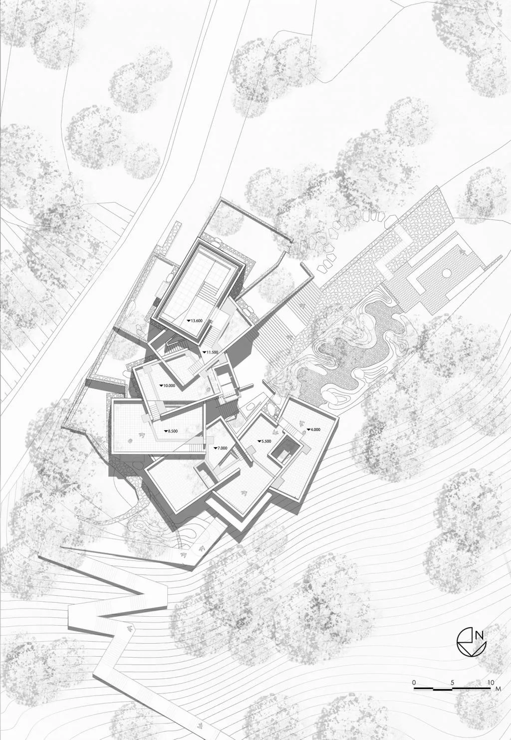 BIM Architecture | Red Stone Houses in High Mountains, Flowing Waters, and Pine Forests/Plain Architecture Design Firm