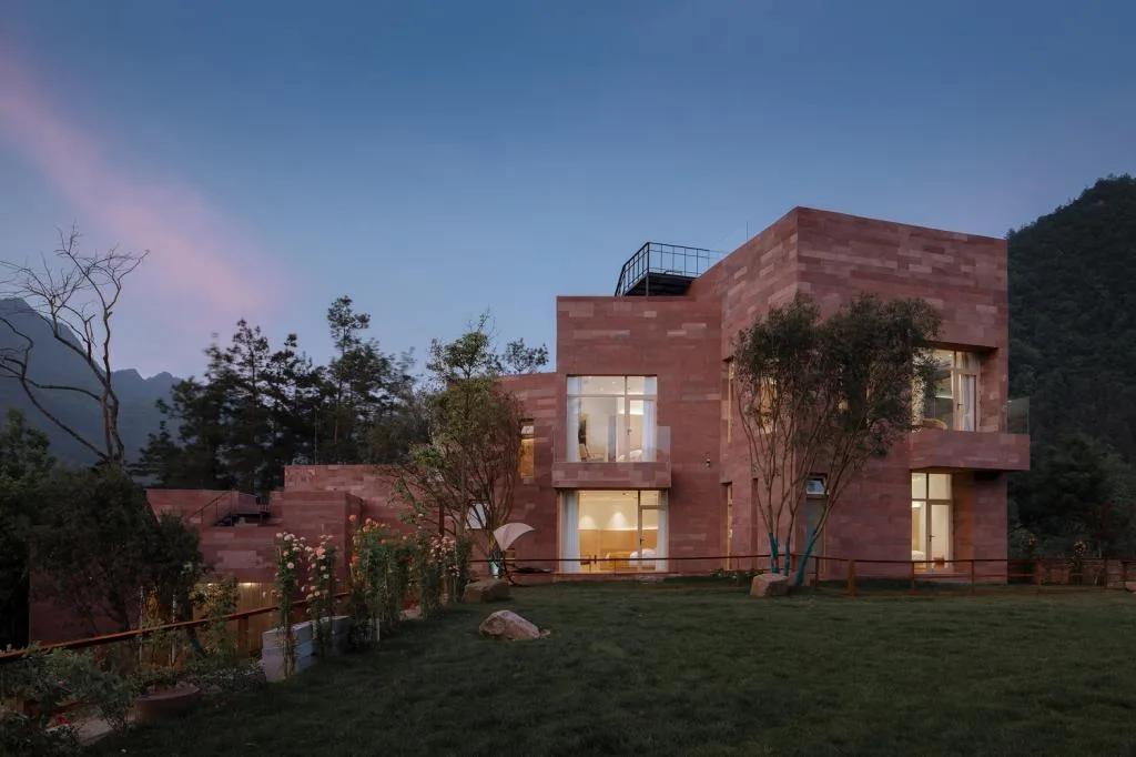BIM Architecture | Red Stone Houses in High Mountains, Flowing Waters, and Pine Forests/Plain Architecture Design Firm