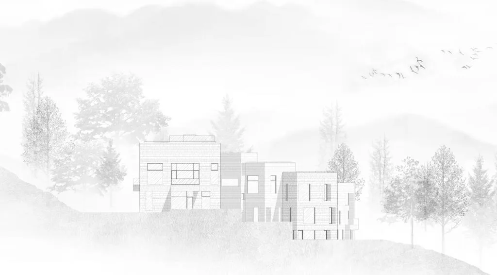 BIM Architecture | Red Stone Houses in High Mountains, Flowing Waters, and Pine Forests/Plain Architecture Design Firm