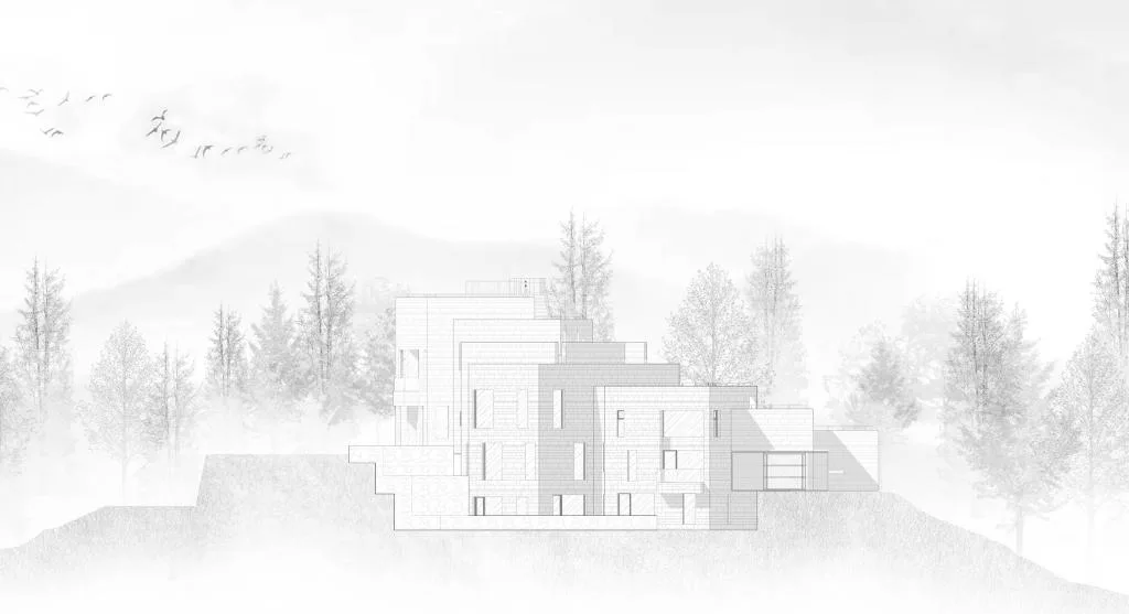 BIM Architecture | Red Stone Houses in High Mountains, Flowing Waters, and Pine Forests/Plain Architecture Design Firm