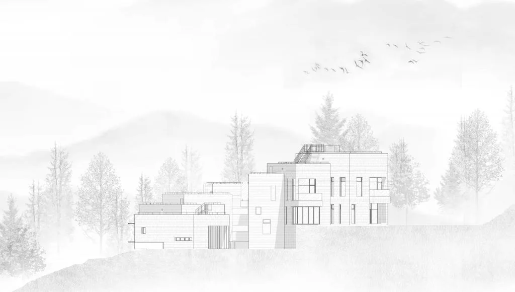 BIM Architecture | Red Stone Houses in High Mountains, Flowing Waters, and Pine Forests/Plain Architecture Design Firm