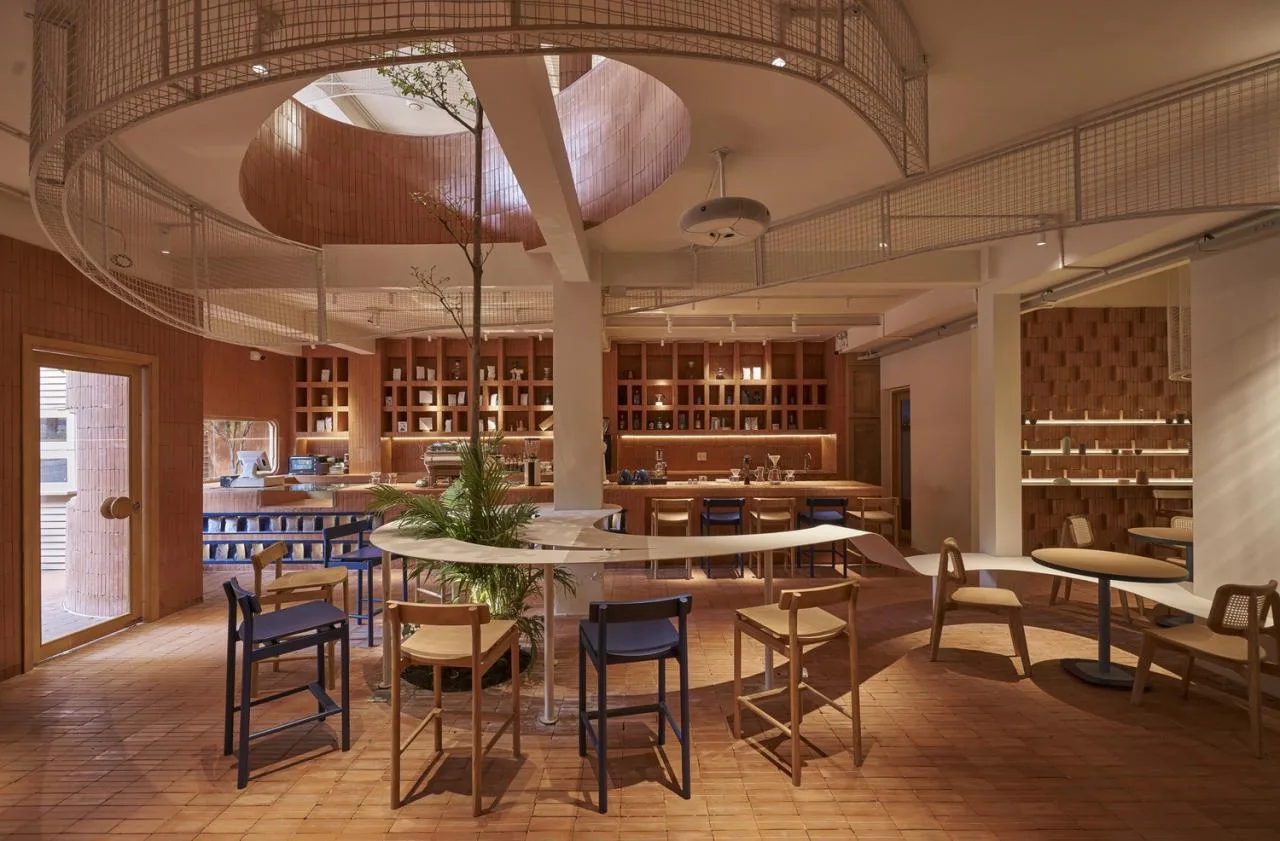 BIM Architecture | Collision of Curved Metal Grid and Red Clay Bricks: Brother Coffee Baking Shop/Red5 Studio