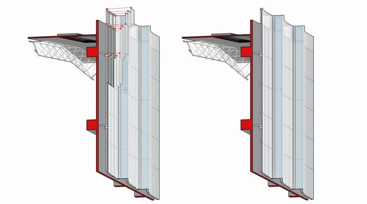 Curtain wall and existing structure relationship schematic