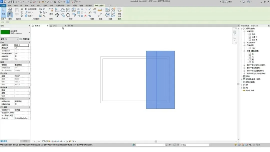 3D view of sloping roof in Revit