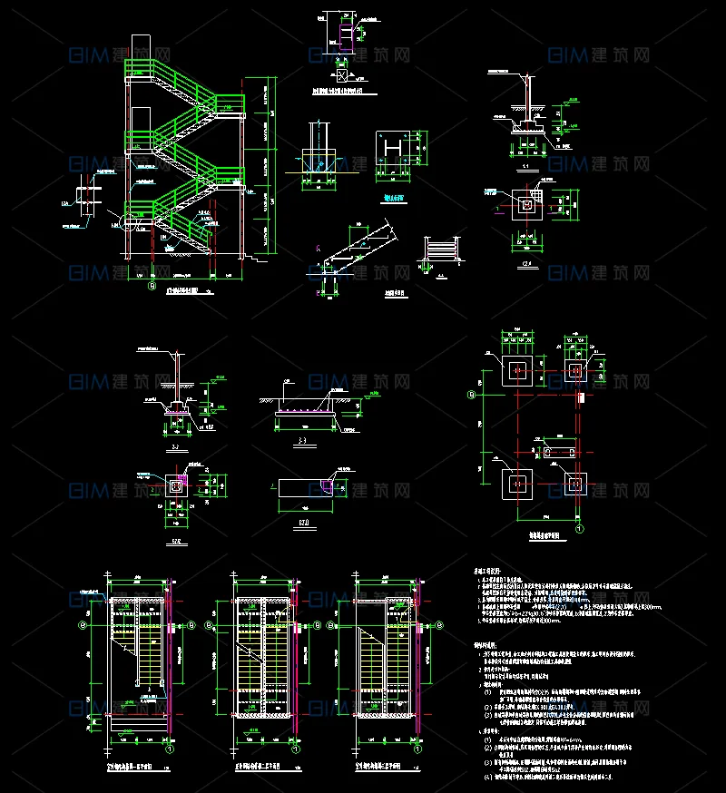 23 sets of steel structure evacuation stairs, outdoor steel ladder CAD detailed drawings in DWG format