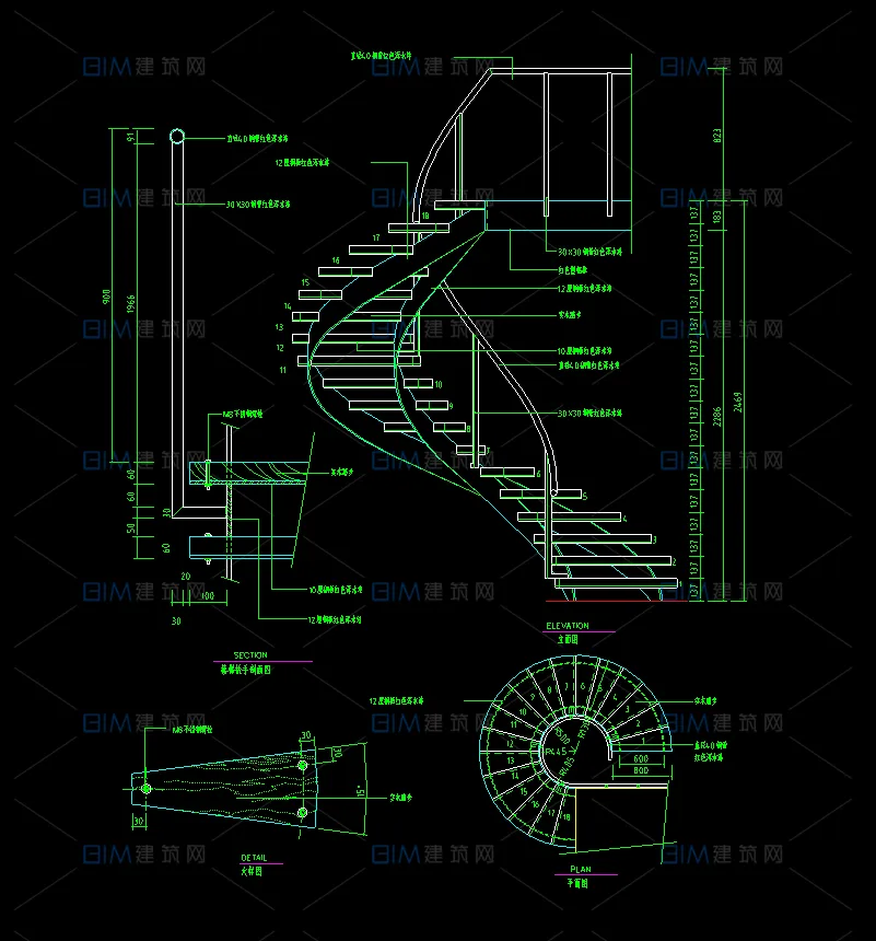 15 sets of spiral staircase arc-shaped structure staircase detailed CAD drawings in DWG format
