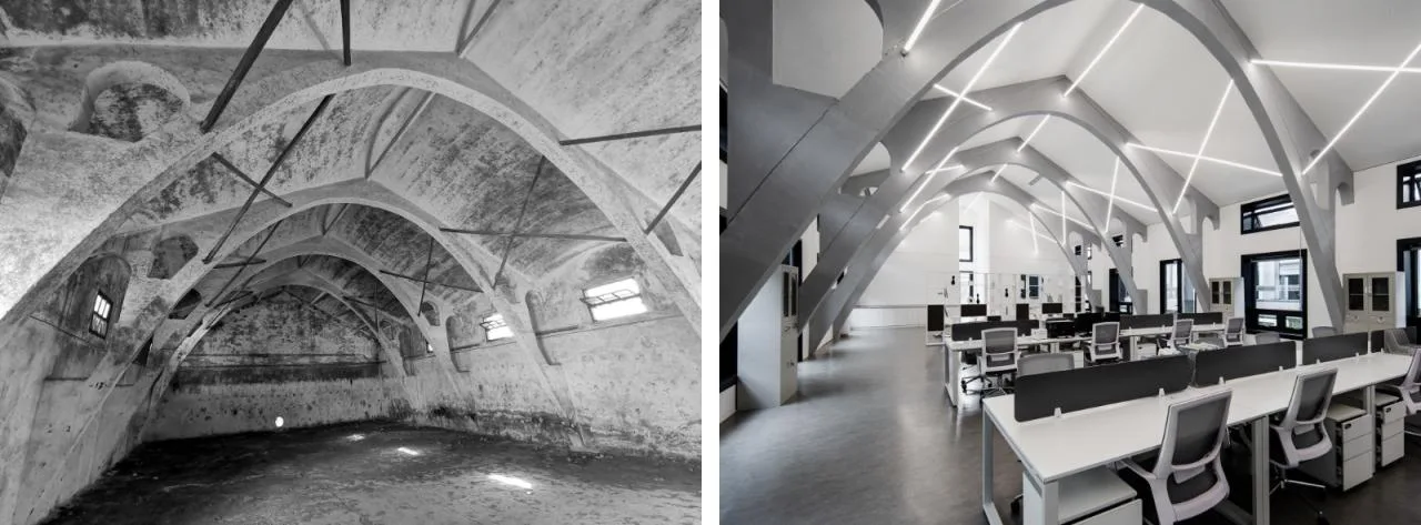 Comparison of indoor space before and after renovation © Line+ (right in the picture)