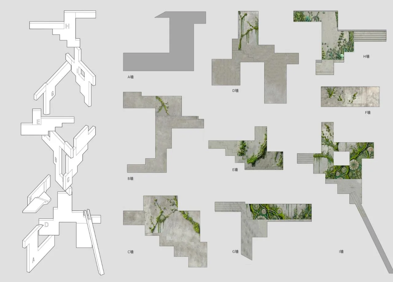 BIM architecture | lush ruins, vertical natural towers/cooperative construction
