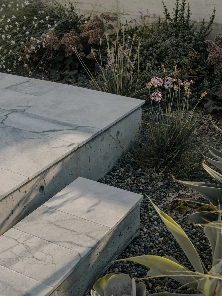 Sculpture like exposed concrete runs through the entire narrow rectangular flat design