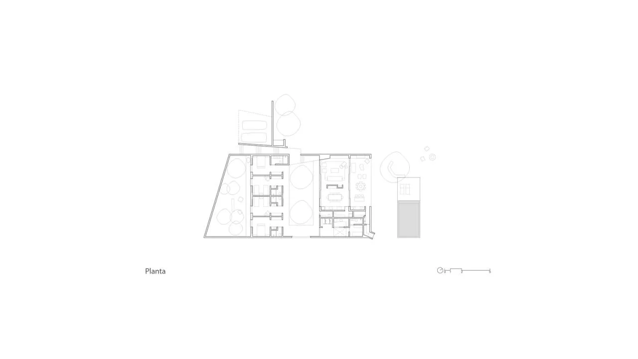 Design of a vacation home with a natural extension of the courtyard core by embedding the terrain underground