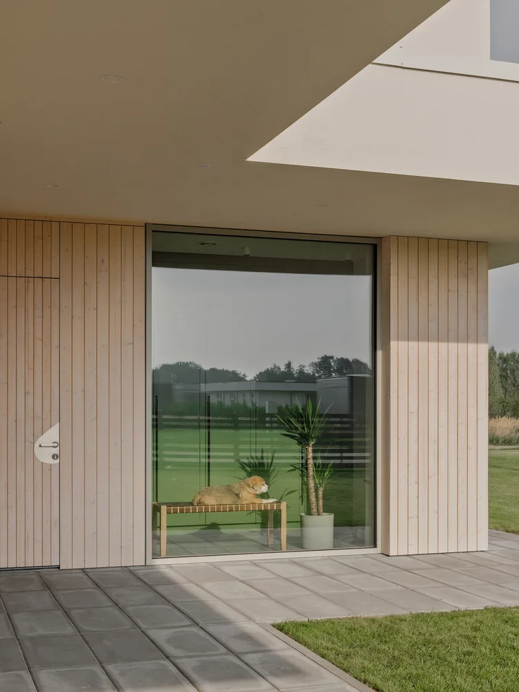 A minimalist villa design with warm, natural, smooth details, simple linear symmetry rhythm