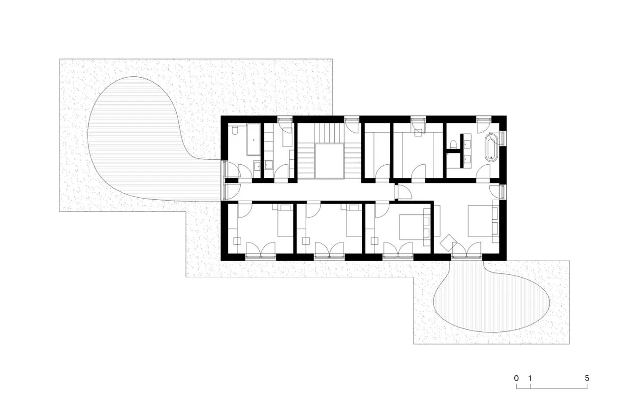 A minimalist villa design with warm, natural, smooth details, simple linear symmetry rhythm