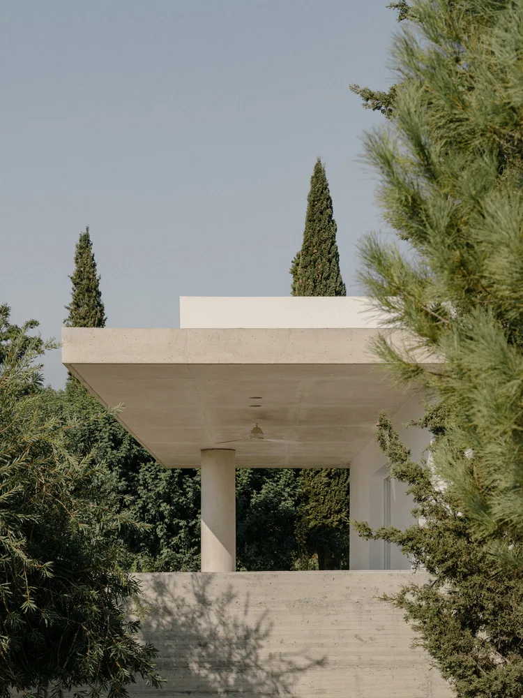 Sculpture like exposed concrete runs through the entire narrow rectangular flat design