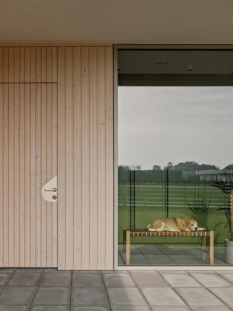 A minimalist villa design with warm, natural, smooth details, simple linear symmetry rhythm