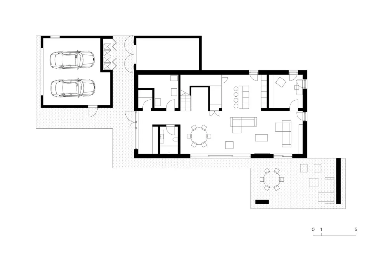 A minimalist villa design with warm, natural, smooth details, simple linear symmetry rhythm