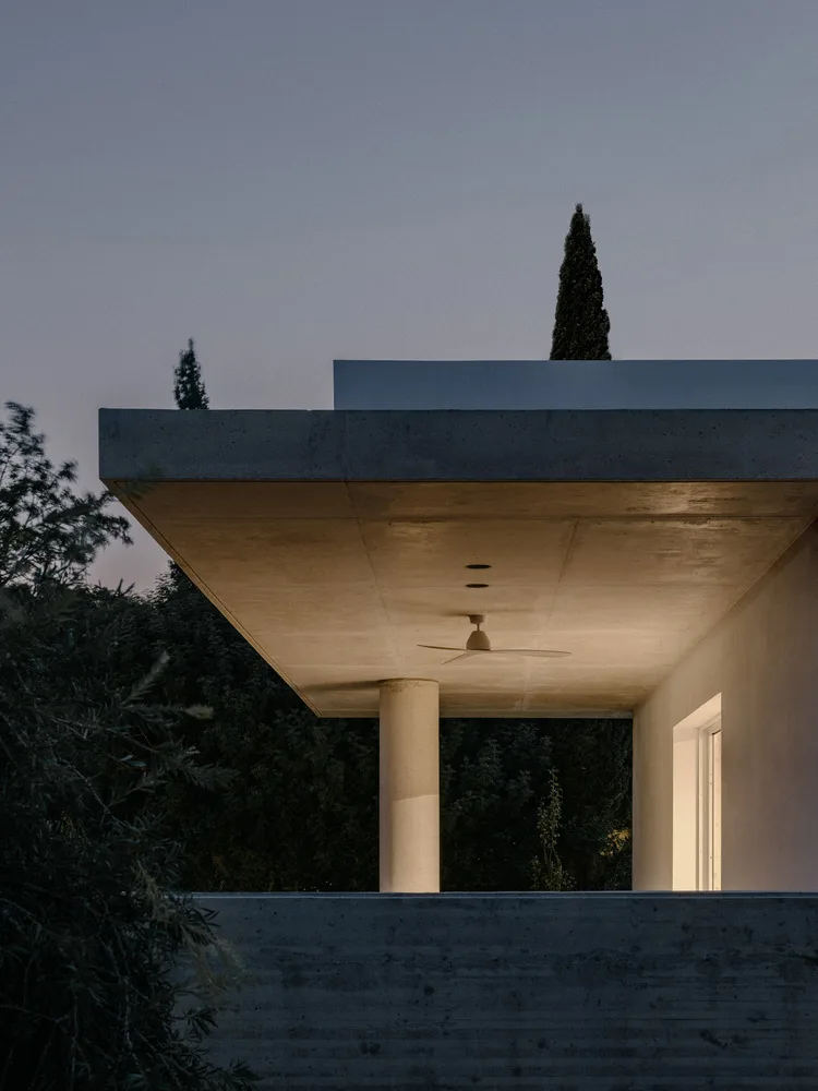 Sculpture like exposed concrete runs through the entire narrow rectangular flat design
