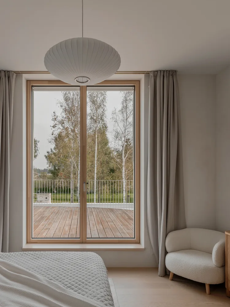 A minimalist villa design with warm, natural, smooth details, simple linear symmetry rhythm