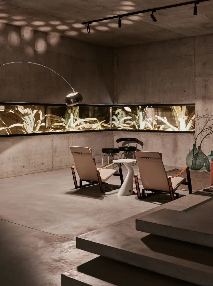 Design of a vacation villa combining concrete and glass for houses flowing through the forest