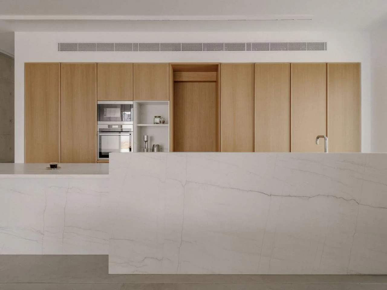 Sculpture like exposed concrete runs through the entire narrow rectangular flat design