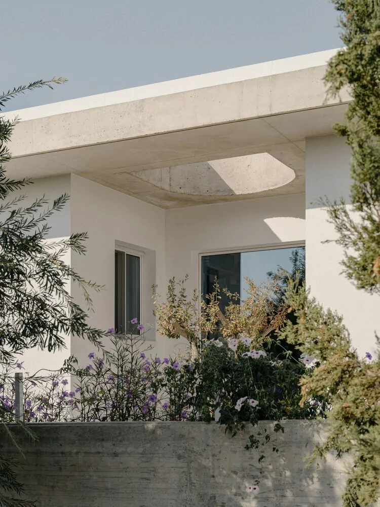 Sculpture like exposed concrete runs through the entire narrow rectangular flat design