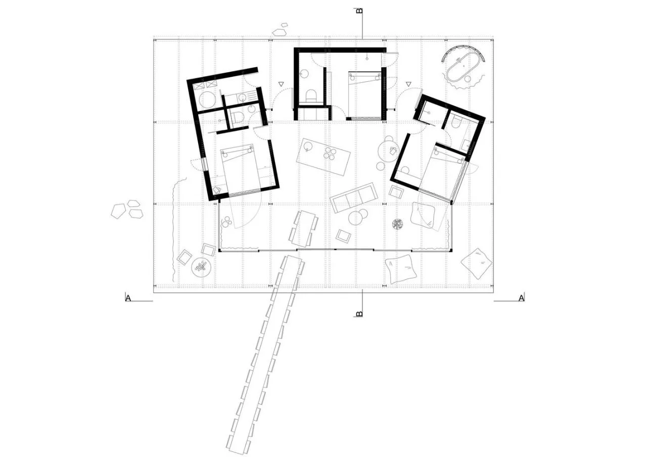 A serene vacation home design with red gemstones hidden in a lush and magnificent environment