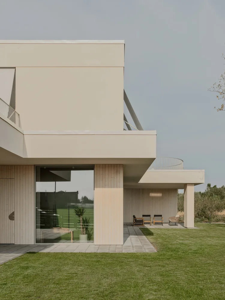 A minimalist villa design with warm, natural, smooth details, simple linear symmetry rhythm