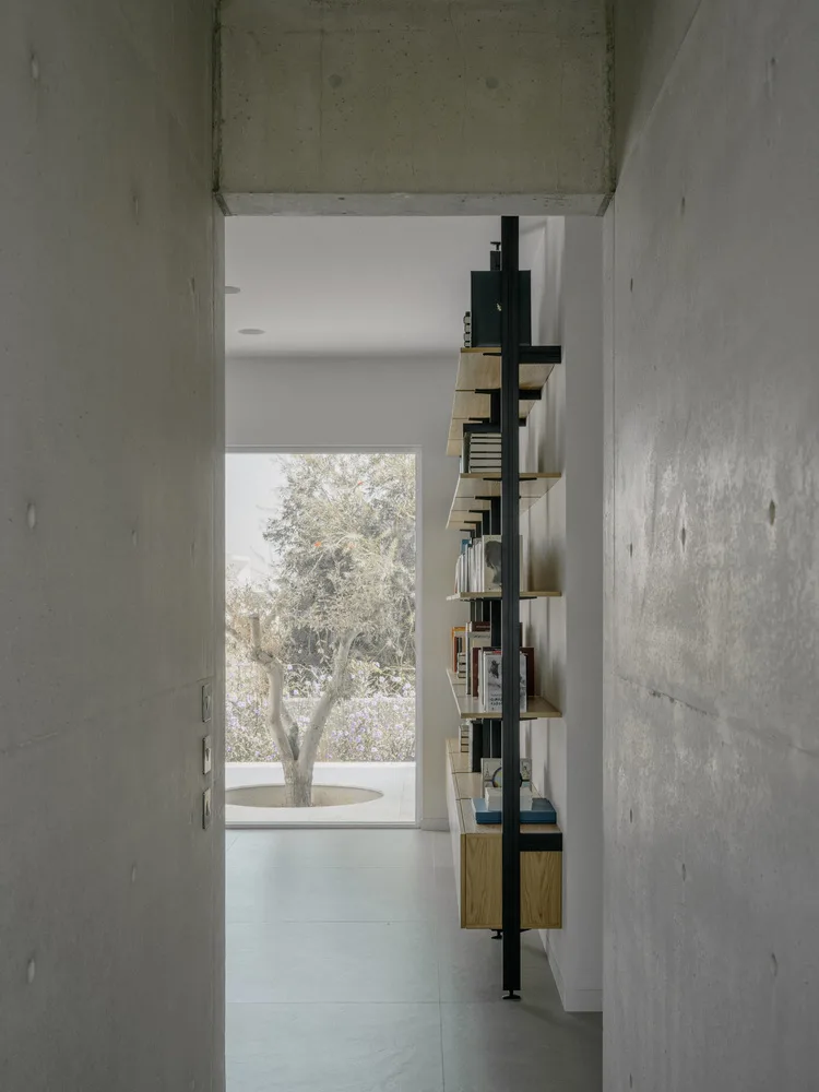 Sculpture like exposed concrete runs through the entire narrow rectangular flat design