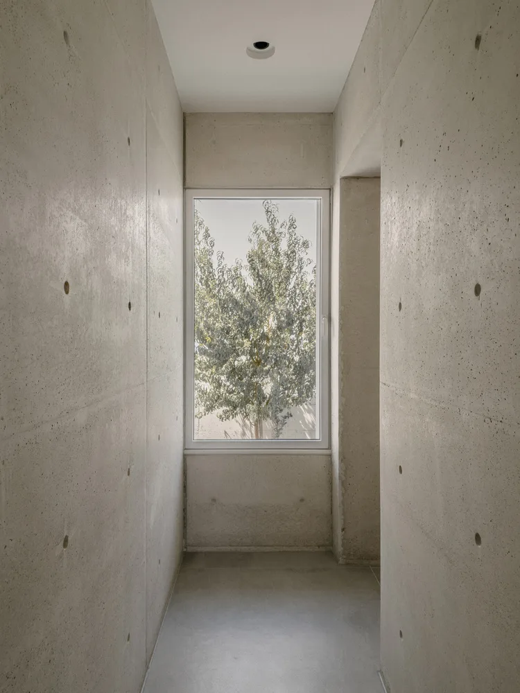 Sculpture like exposed concrete runs through the entire narrow rectangular flat design